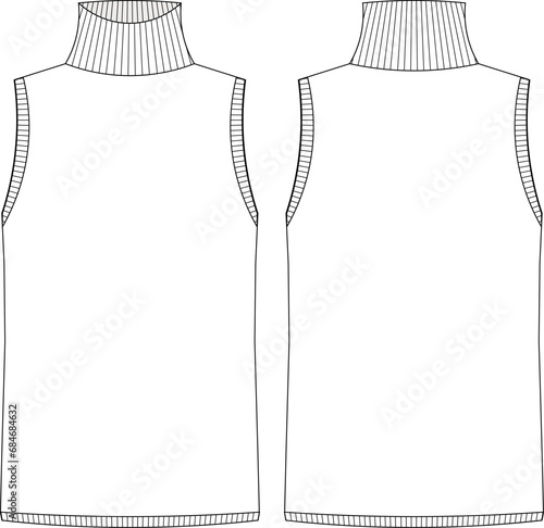 turtleneck high neck sleeveless ribbed blouse sweater template technical drawing flat sketch cad mockup fashion woman 