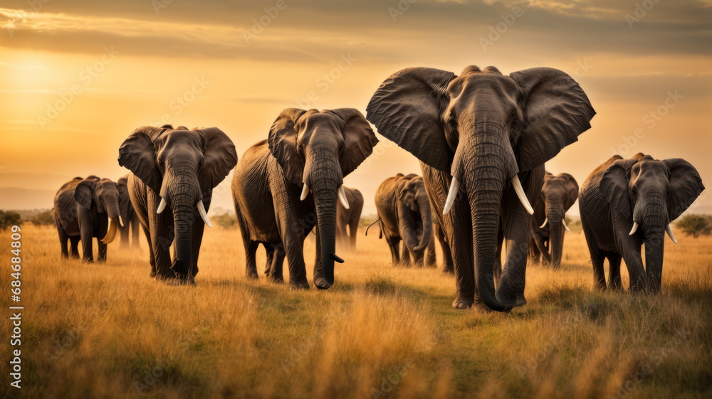 Fototapeta premium elephants at sunset