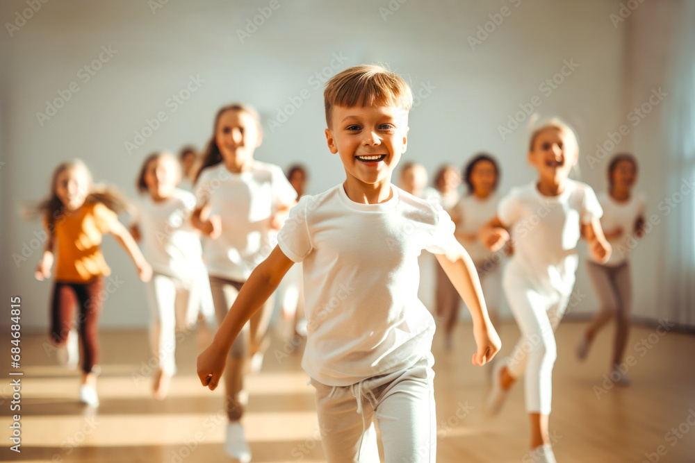Naklejka premium Portrait of smiling children of 7-12 years old enjoying modern dancing in a dance studio