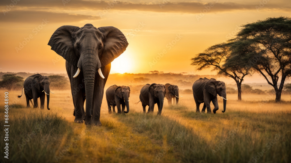 herd of elephants at sunset