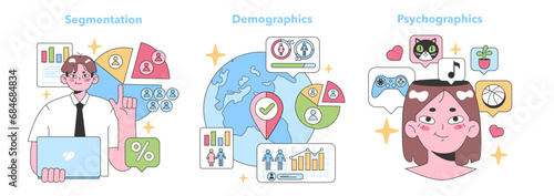 Marketing Analysis set. Experts showcasing market segmentation, focus on demographics, and diving into consumer psychographics. Segmentation expertise, global reach, and individual preferences.