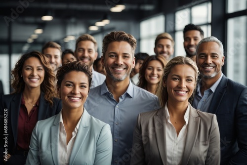 A group of successful smiling businessmen, men and a woman, professionals in their field, a friendly team in a spacious bright office looking at the camera. photo