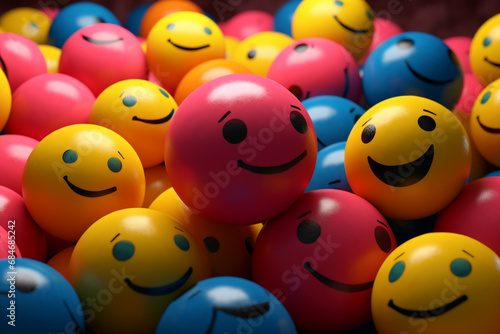 Smiling emoticons on colorful balls background. 3d illustration.