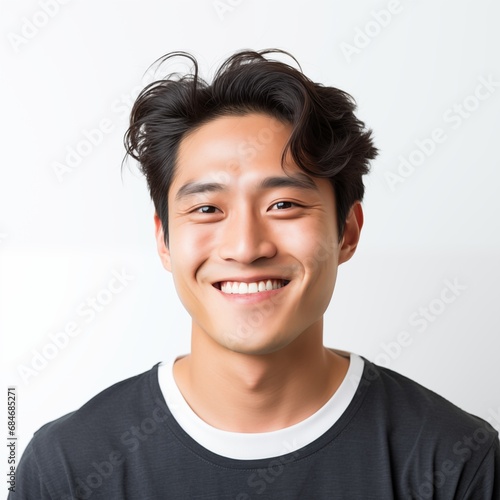 Portrait of successful handsome asian man in casual wear looking at camera and smiling, © vladdeep