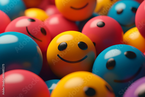 Smiling emoticons on colorful balls background. 3d illustration.