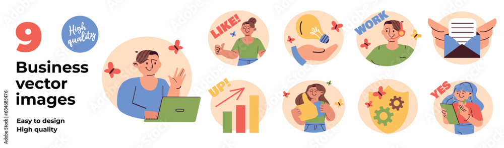 Artboard of mini concepts on the topic of business. This vibrant collection of colorful cartoon-style scenes showcase people making business deals. Vector illustration. Artboard of mini concepts on the topic of business. This vibrant collection of colorful cartoon-style scenes showcase people making business deals. Vector illustration.
