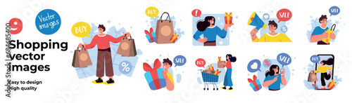 Artboard of mini concepts on the topic of shopping. This colorful cartoon-style scenes showcase people on exciting shopping adventures in different settings. Vector illustration.
