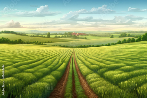 Rows of green fields and blue sky with clouds. 3d rendering