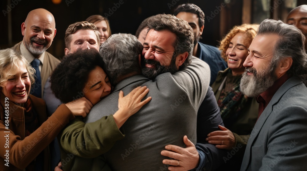 Fototapeta premium Positive people hug giving support to friends at group therapy meeting. Family members embrace gathering for holiday event at home. True emotions of bonding after collective psychotherapy