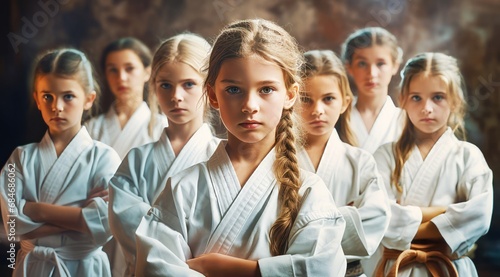 Group of girls about 9-13 years old or teens in white karate kimono in a gym photo