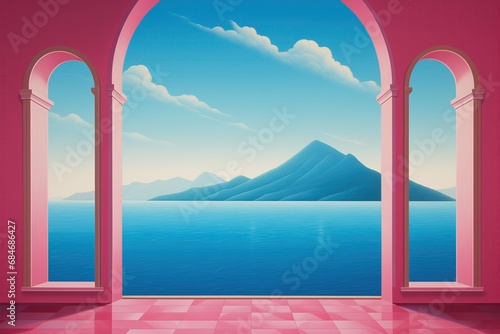 Empty pink room with balcony arches and pillars - calming ocean distant island view - idyllic lucid dreamlike scene - minimalist Architecture - tranquil design Interior style with surreal simplicity.