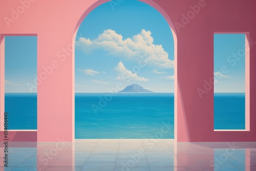 Empty pink room with balcony arches and pillars - calming ocean distant island view - idyllic lucid dreamlike scene - minimalist Architecture - tranquil design Interior style with surreal simplicity.