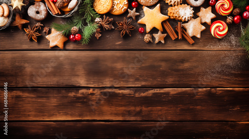 Christmas cookies and spices on a wooden background. Top view with copy space.