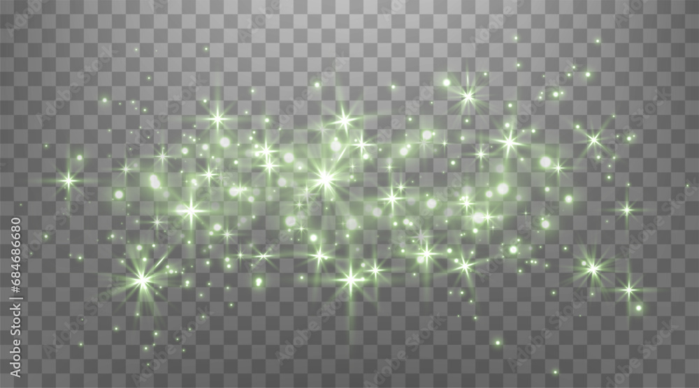 Obraz premium Green glittering dots, particles, stars magic sparks. Glow flare light effect. Green luminous points. Vector particles on transparent background.