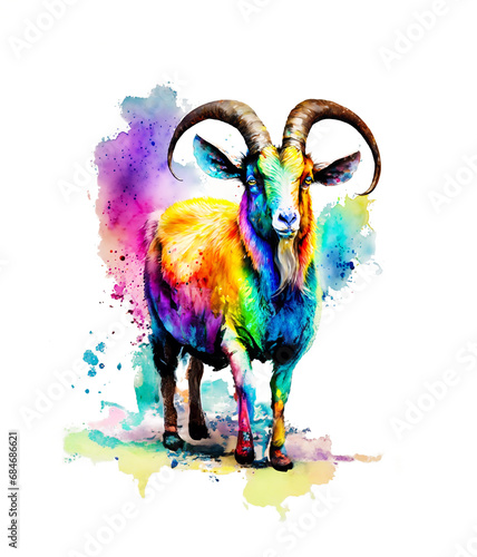 Ziege Bock in regenbogen bunten Wasserfarben mit Spritzern Kleksen vor einem weißen Hintergrund als Vorlage für Design bauernhof Haustiere Zucht aus Europa Amerika und Asien, Tierpark oder Zoo