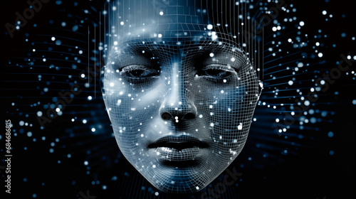 Digital cyborg face with circuit board and binary code representing AI
