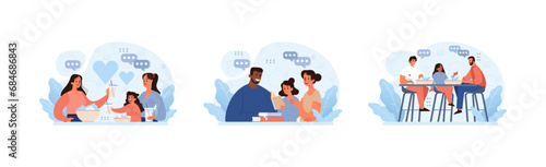 Modern Family Dynamics set. A gay couple celebrates love, a step-parent bonds with a child, and another gay couple enjoys dinner with their daughter. Exploring diverse family units. Flat vector.