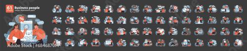 Business dynamics set. Diverse team engaging in various corporate activities, from data analysis to creative brainstorming and strategy planning. Flat vector illustration pack.