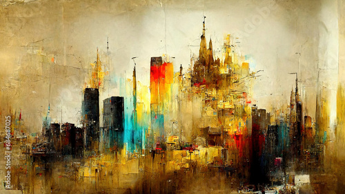 Generative AI, Colorful and golden watercolor abstract cityscape painted background. Ink street graffiti art on a textured paper vintage background, washes and brush strokes 
