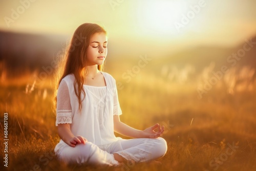 Teen girl is practicing meditation or praying in the lotus posture on the nature with the sun light behind
