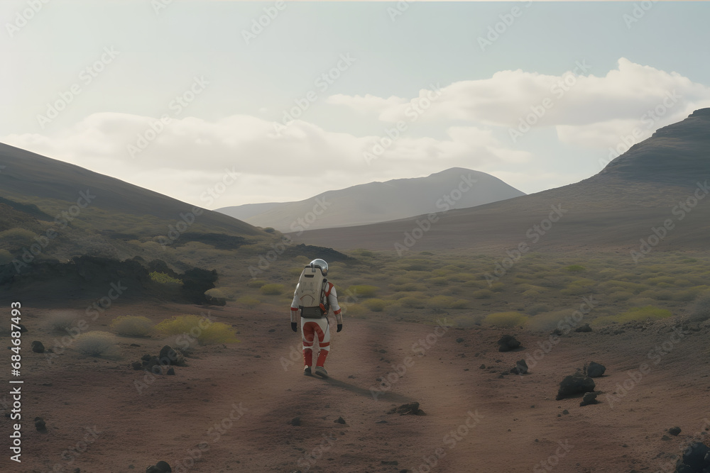 Courageous Astronaut in the Space Suit Explores Red Planet Mars Covered in Mist. Adventure. Space Travel. Neural network AI generated art