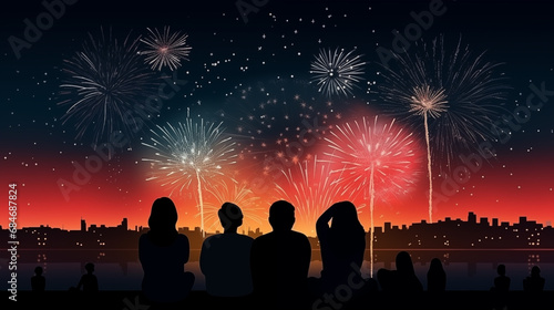 Group of people sitting by the lake and watching the city skyline filled with fireworks