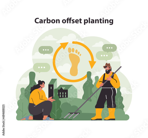 Two individuals promote carbon offset planting. Footprint in a cycle represents eco balance. Gardening for a greener planet near urban structures. Flat vector illustration
