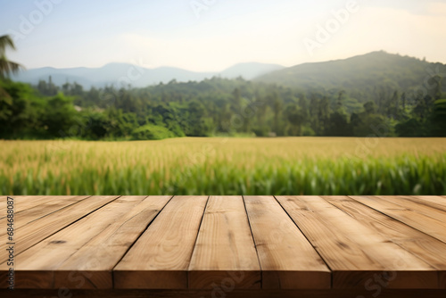Mock up of empty wooden table for product display on rice fields background. Generative AI. For product advertising