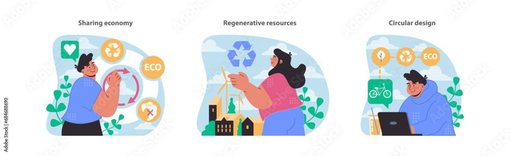 Sustainable futures set. Focused on sharing resources, harnessing renewable energy, and implementing circular design principles. Inspiring eco-innovations. Flat vector illustration. Sustainable futures set. Focused on sharing resources, harnessing renewable energy, and implementing circular design principles. Inspiring eco-innovations. Flat vector illustration.