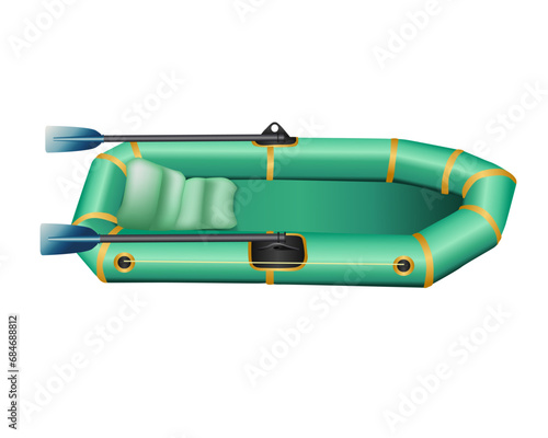 Green rubber inflatable boat with paddle. Inflatable rubber boat for recreation and travel on the water