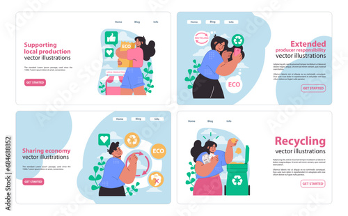 Circular economy web or landing. Includes local production support, waste elimination, and extended producer responsibility. Flat vector illustrations for web use.
