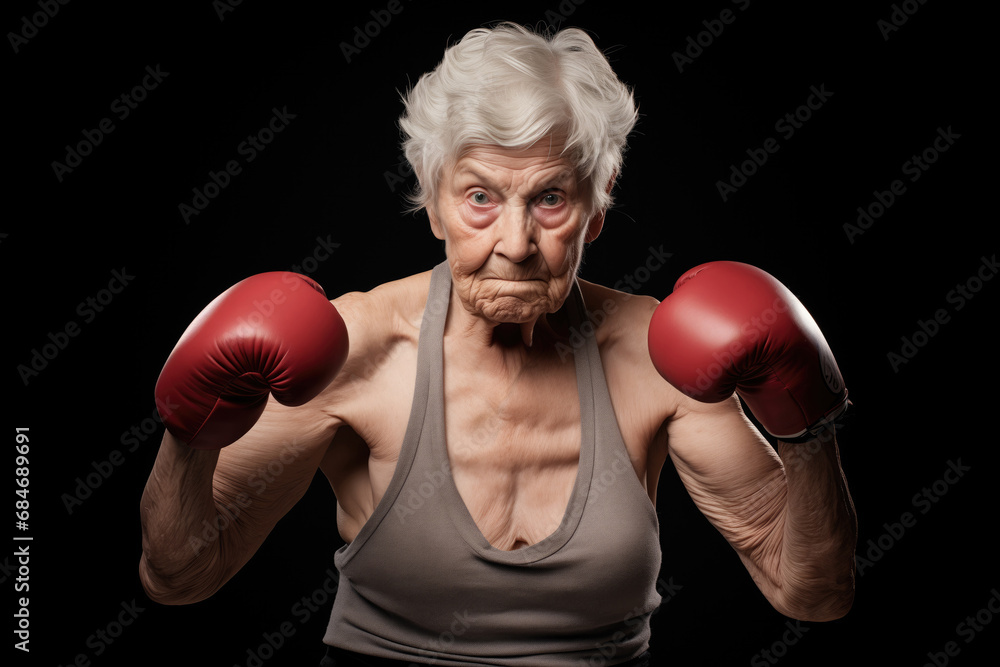 Elderly woman boxing isolated on black background Elderly woman boxing isolated on black background