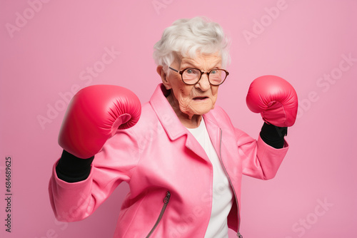 Old granny with boxing gloves photo