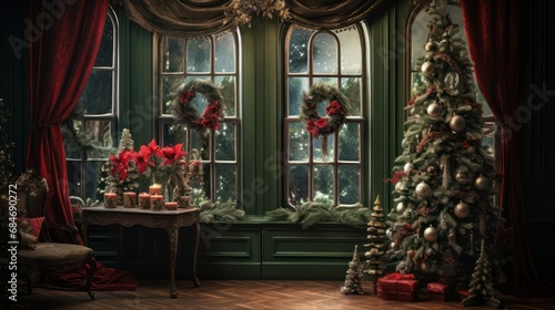 Classic green interior with window and Christmas decorations.
