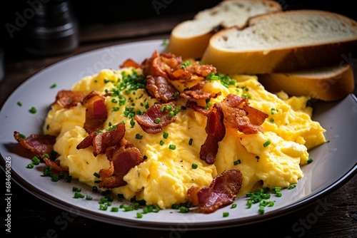 A plate of fluffy scrambled eggs with crispy bacon and toasted bread.