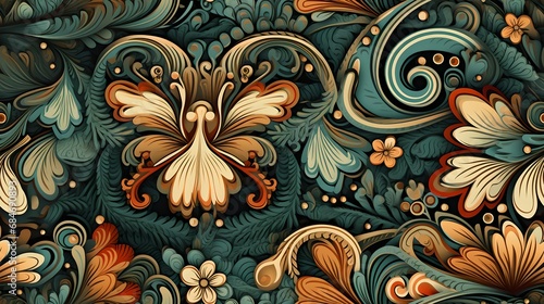 Seamless Tileable Texture: Abstract Floral Pattern with Ornate Silhouette of Yellow Flower and Blue Feather