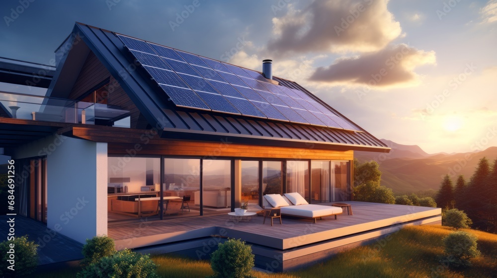 Generic smart home with solar panels rooftop system for renewable energy concepts Generic smart home with solar panels rooftop system for renewable energy concepts