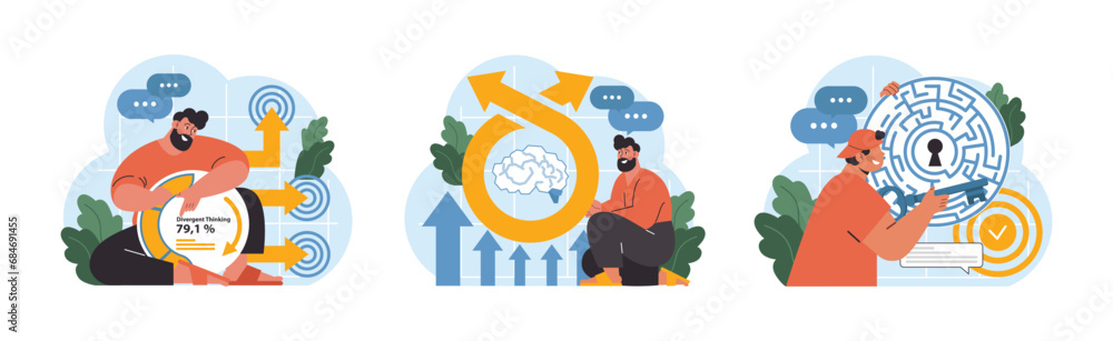 Thinking Concepts set. Man analyzes divergent thinking percentage, connects neural pathways, unlocks a cognitive maze. Brain's agility, out-of-the-box solutions. Flat vector illustration