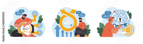 Thinking Concepts set. Man analyzes divergent thinking percentage, connects neural pathways, unlocks a cognitive maze. Brain's agility, out-of-the-box solutions. Flat vector illustration