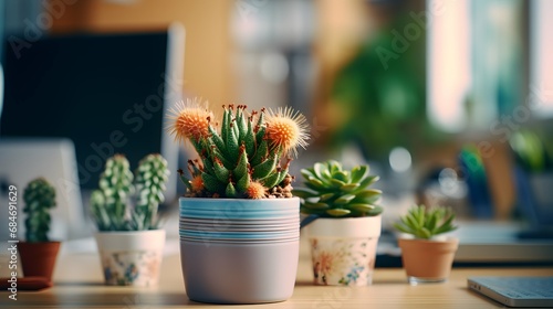 Flower pot on a office desk, succulent cactus vase, Generative AI