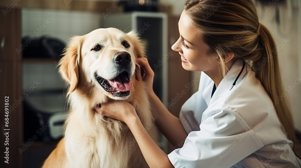 Pies, golden retreiver podczas wizyty u weterynarza, badanie w klinice weterynaryjnej - obrazy, fototapety, plakaty 