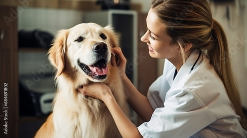Pies, golden retreiver podczas wizyty u weterynarza, badanie w klinice weterynaryjnej #684691802