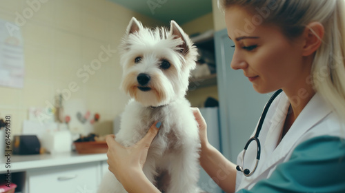 Pies, terrier podczas wizyty u weterynarza, badanie w klinice weterynaryjnej