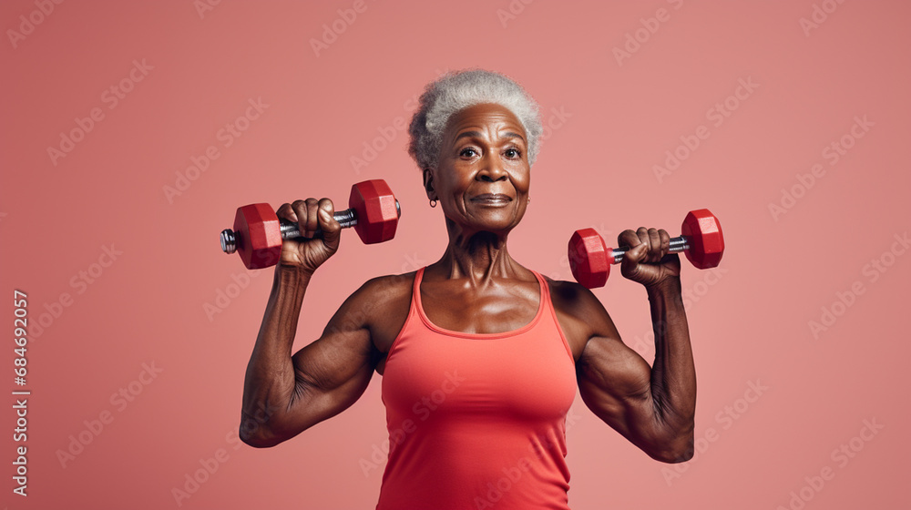 Starsza kobieta, babcia z hantlami ćwiczy na jednolitym różowym tle szczęśliwa. - obrazy, fototapety, plakaty 