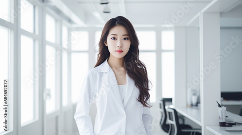Lekarz, kobiet azjatka w białym fartuchu na tle białego sterylnego medycznego pomieszczenia