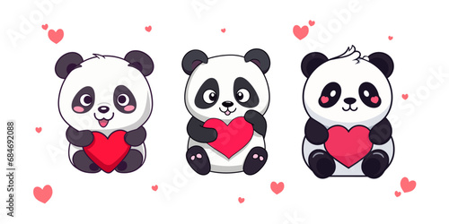 Valentine’s Day Special: Set Collection of Pandas, Vector Animal Compositions with Bears and Hearts in Flat Style,  Transparent background, png, vector
