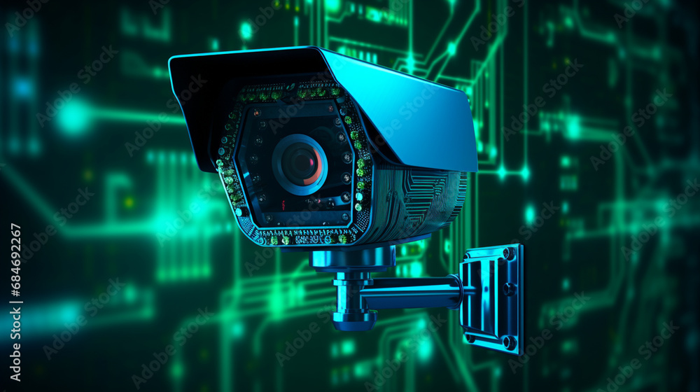 Kamera bezpieczeństwa na technologicznym tle, cyberbezpieczeństwo, zabezpieczenia - obrazy, fototapety, plakaty 