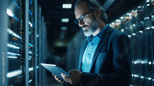 Mężczyzna z tabletem na tle serwerowni, dział IT, cyberbezpieczeńśtwo