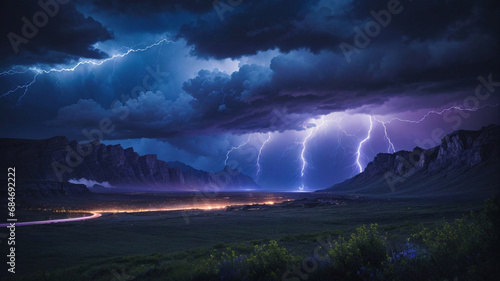 Dramatic lightning storm at night. Awe-inspiring bolts illuminate the dark sky in cool hues of blue and violet, creating a visually stunning and intense atmospheric spectacle. 