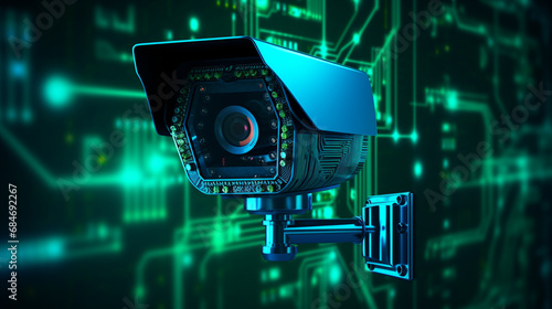 Kamera bezpieczeństwa na technologicznym tle, cyberbezpieczeństwo, zabezpieczenia